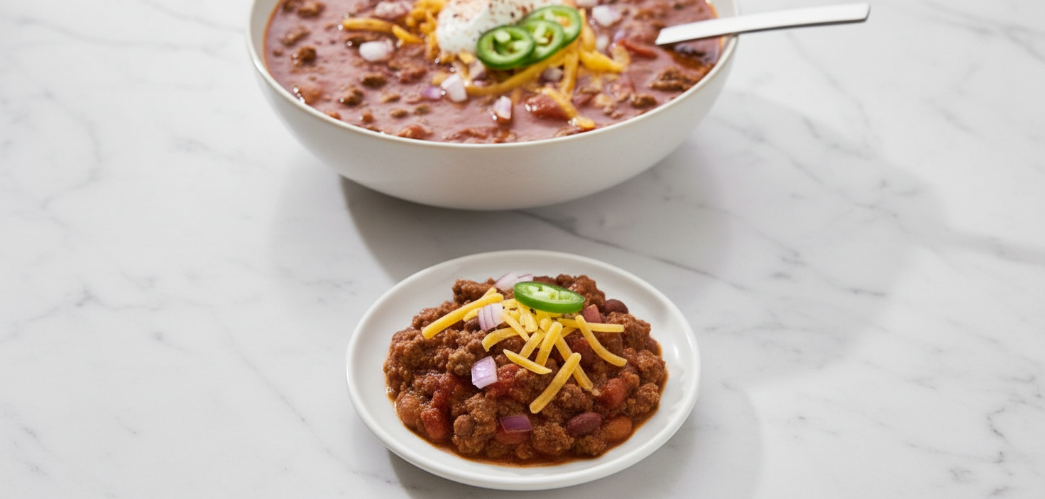 Lifestyle shot of a texas roadhouse chili recipe served in a ceramic vessel on a minimalist countertop with soft, natural window shadows.