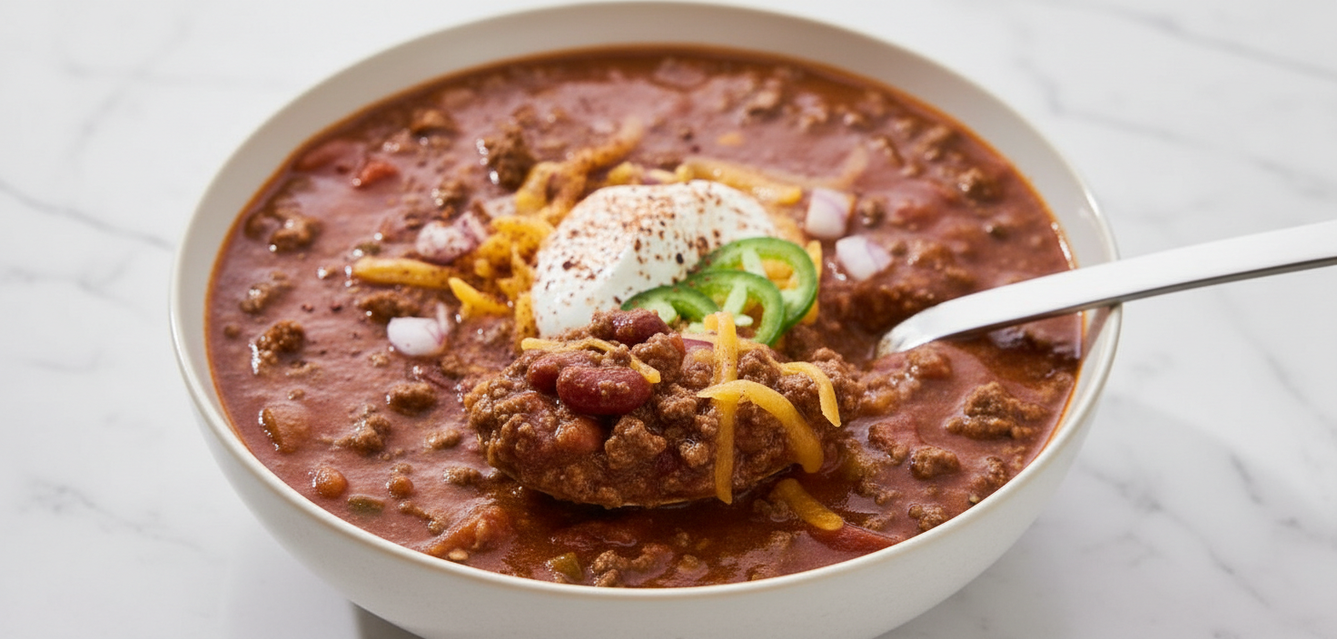 Close-up texture of a texas roadhouse chili recipe simmering in a dutch oven, showcasing the Maillard reaction and rich, velvety consistency on a white marble backdrop.