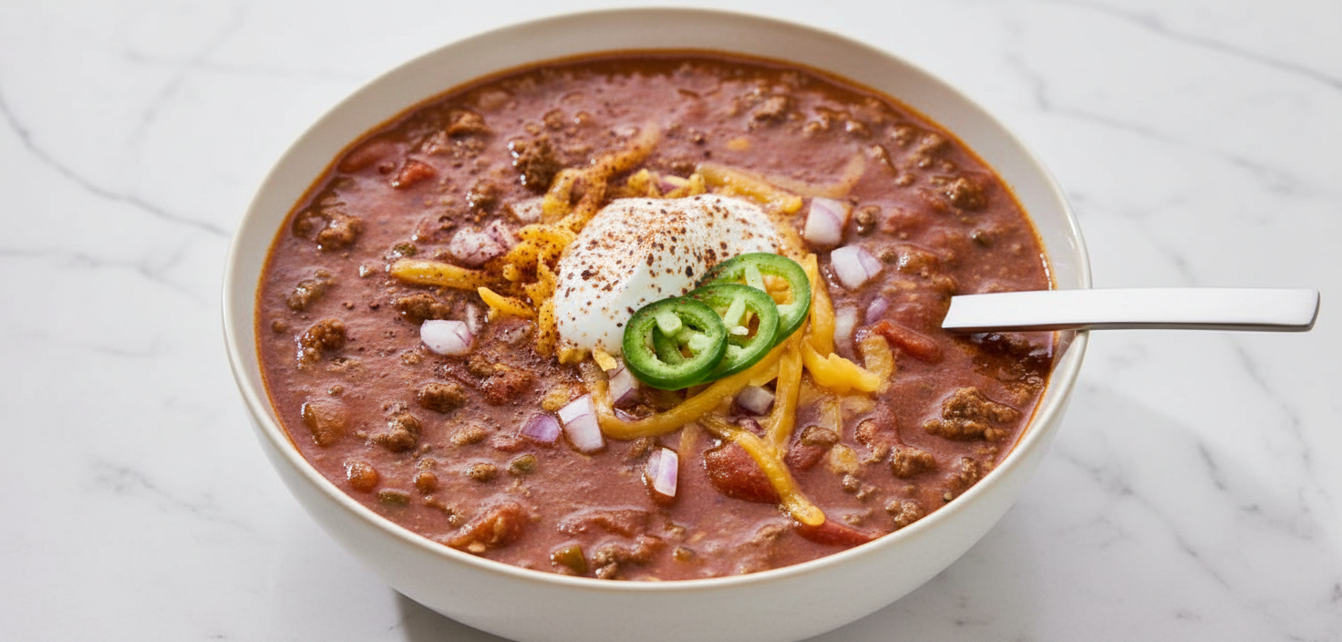 Flat lay of a texas roadhouse chili recipe in a minimalist ceramic bowl on white marble, highlighting the grainy masa harina texture and dark espresso hue.
