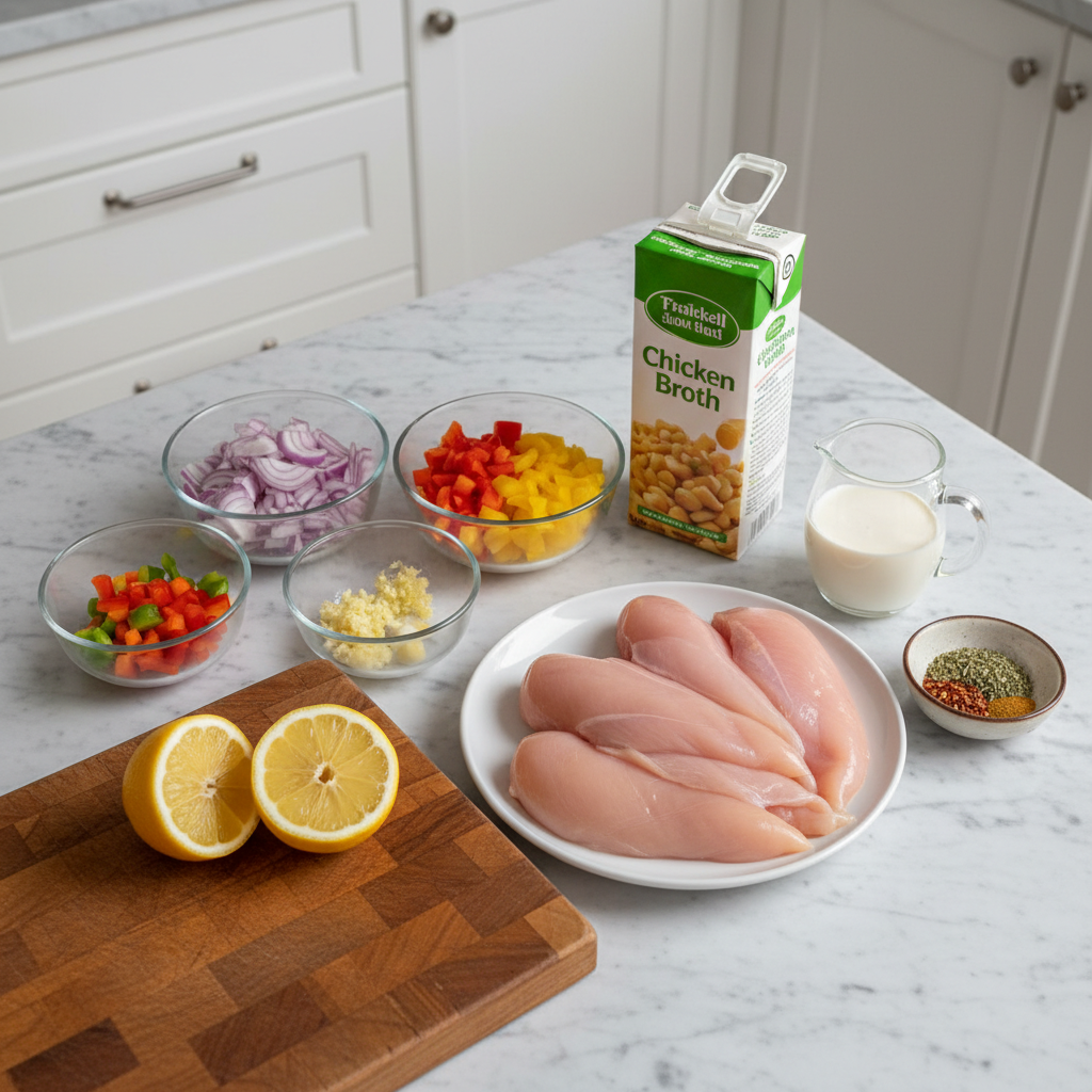 Fresh ingredients laid out, including raw thin chicken breasts, herbs, and spices, essential for thin chicken breast recipes.