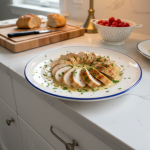 A golden-brown, pan-seared thin chicken breast served with vibrant asparagus, highlighting delicious thin chicken breast recipes.
