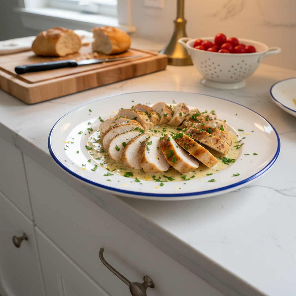 A golden-brown, pan-seared thin chicken breast served with vibrant asparagus, highlighting delicious thin chicken breast recipes.