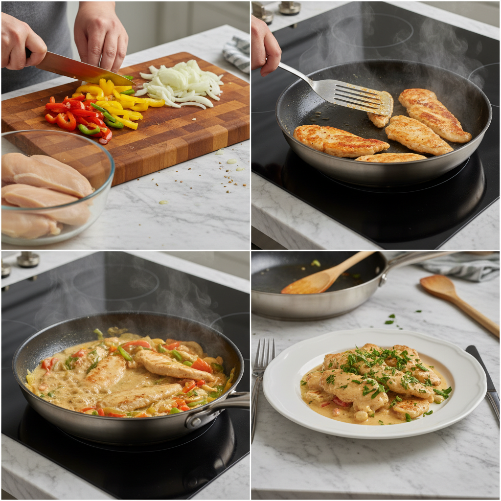 A chef is expertly pan-searing thin chicken breasts in a hot skillet, a common step in thin chicken breast recipes.