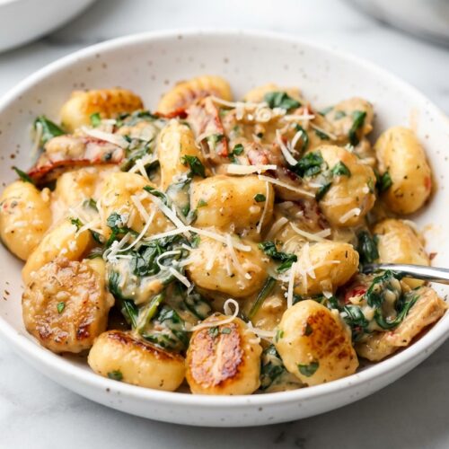 Tuscan Vegan Gnocchi with a golden miso-umami sear in a minimalist ceramic bowl on a white marble surface.