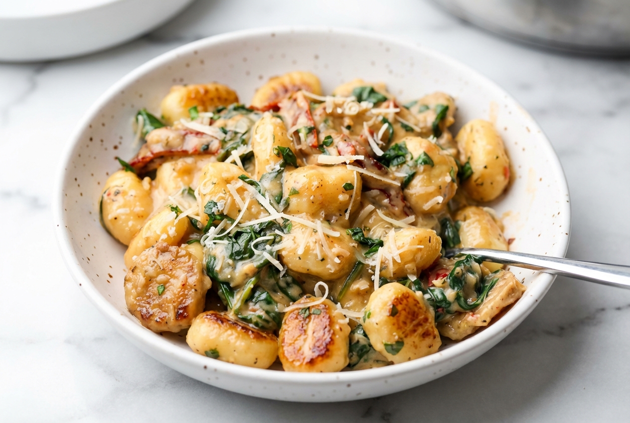 Tuscan Vegan Gnocchi with a golden miso-umami sear in a minimalist ceramic bowl on a white marble surface.