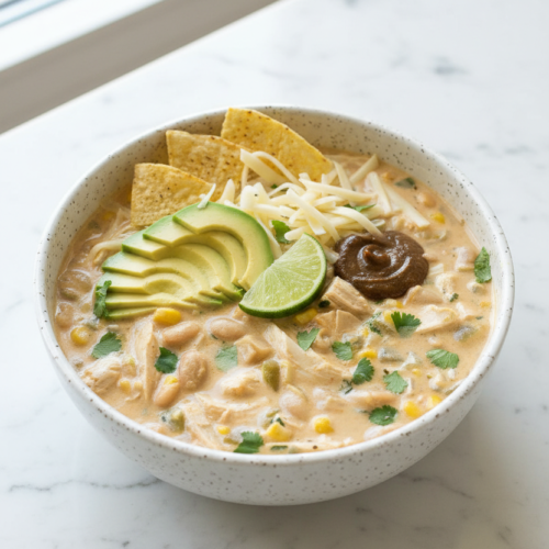 Creamy chicken chili recipe in a minimalist ceramic bowl on a white marble surface with a miso umami twist.