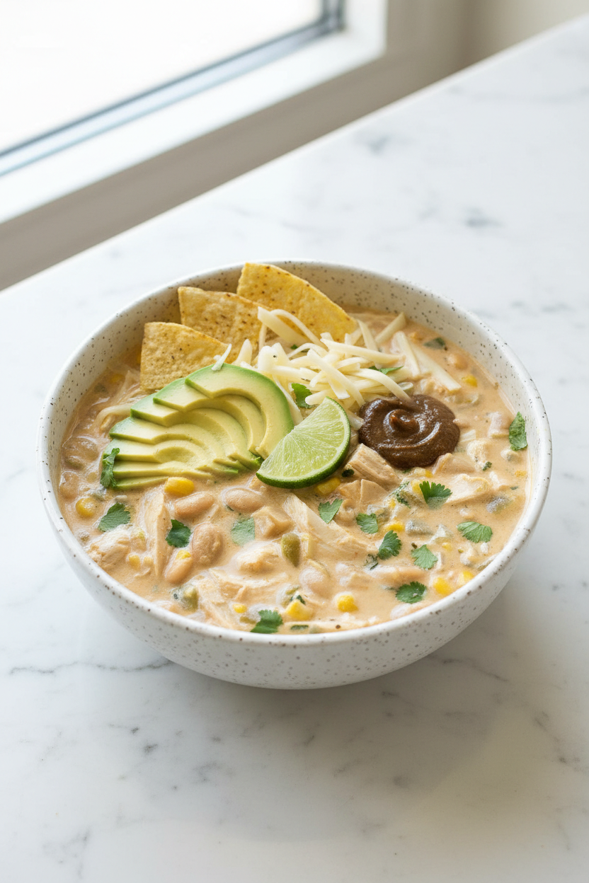 Creamy chicken chili recipe in a minimalist ceramic bowl on a white marble surface with a miso umami twist.