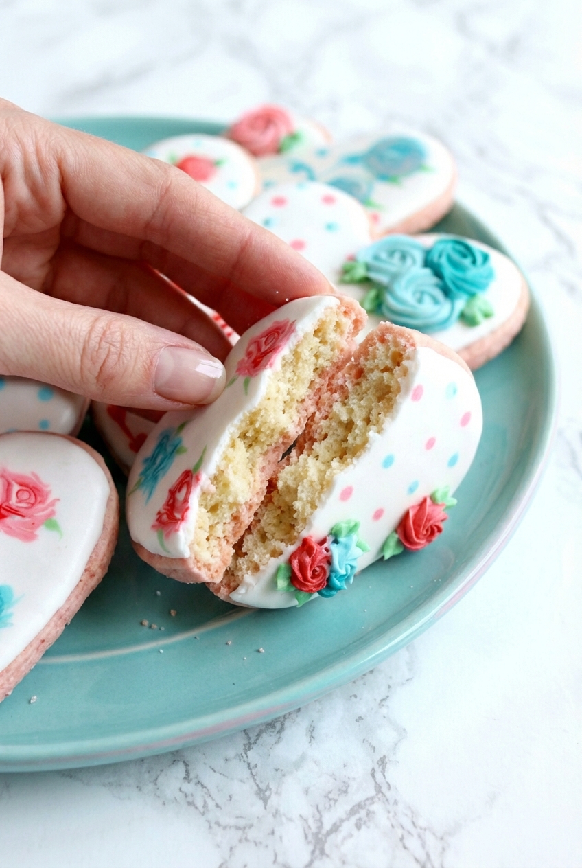 Close-up of decorated valentine sugar cookies on a minimalist ceramic vessel with soft natural shadows on a marble background.