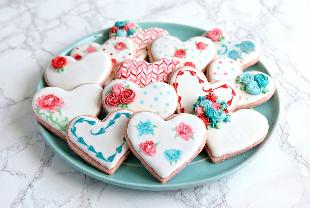 Heart-shaped valentine sugar cookies featuring strawberry-rose infused dough on a white marble surface with natural window lighting.
