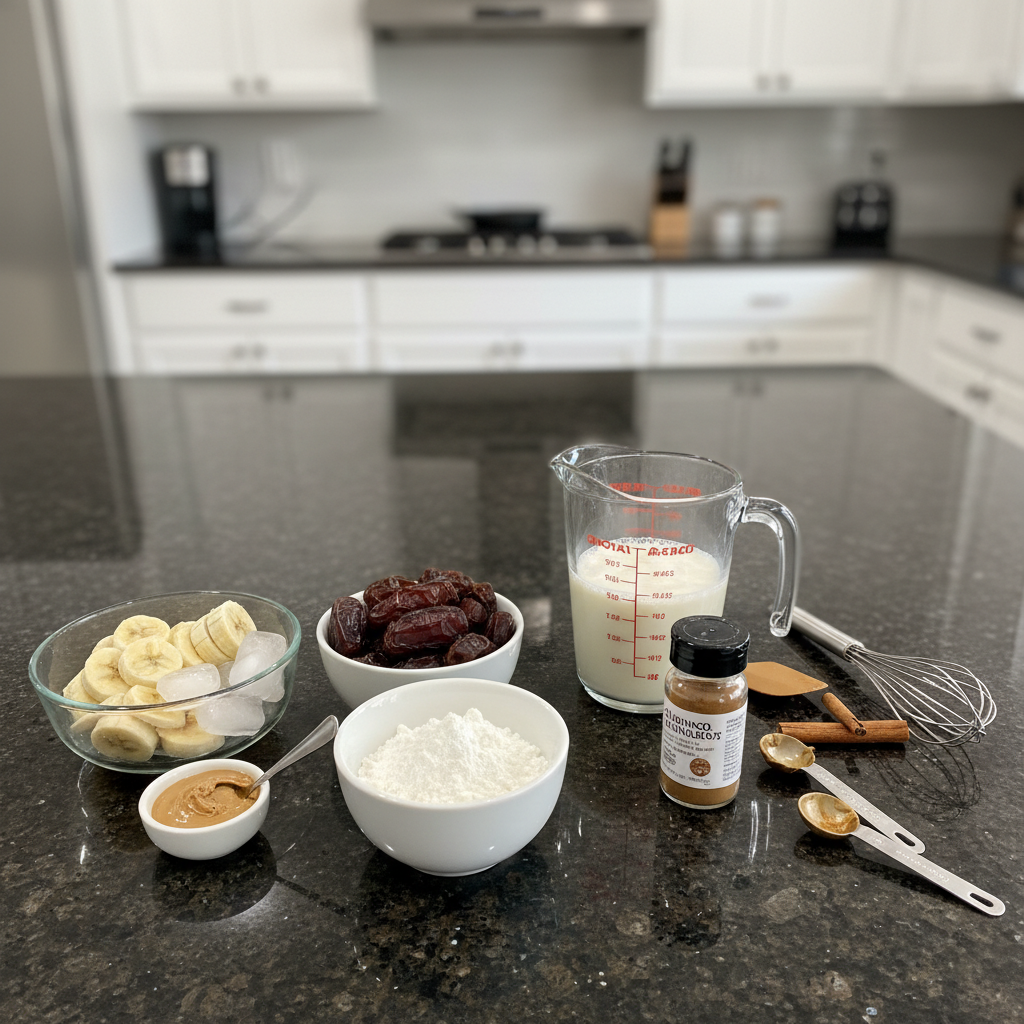 Ingredients for a vanilla protein shake, including protein powder, milk, and ice, laid out on a kitchen counter.