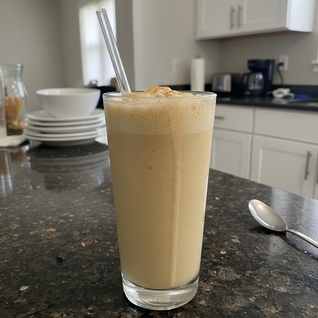 A creamy vanilla protein shake topped with a mint leaf in a tall glass, ready to drink.