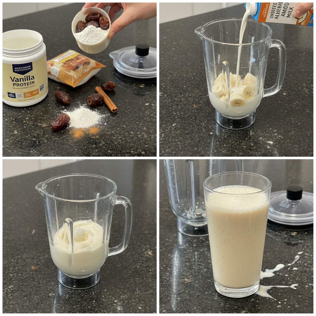 A blender mixing a vanilla protein shake, showing the creamy texture in motion as it blends.