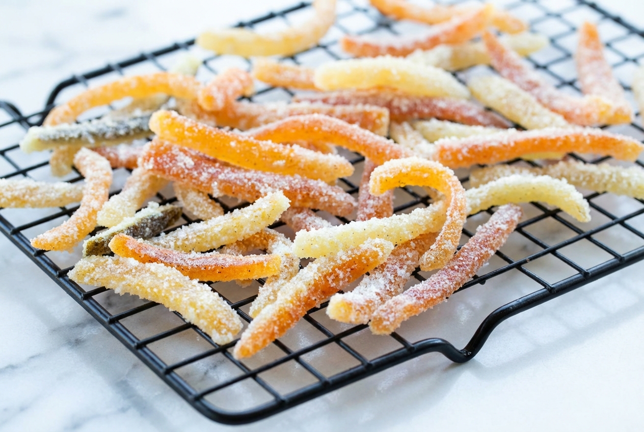 Glistening candied orange peel with vanilla bean specks and sea salt on a white marble surface in natural light.