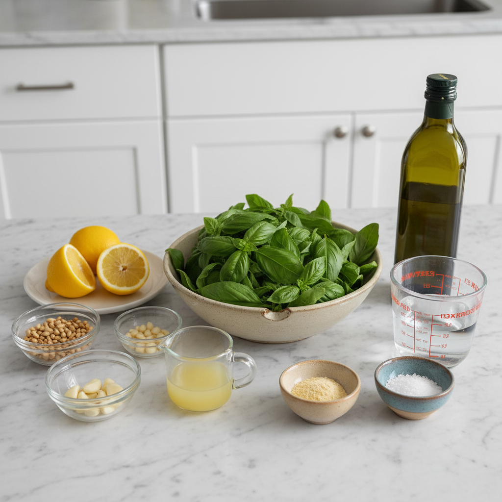 Fresh ingredients for Vegan Basil Pesto laid out: bright green basil leaves, pine nuts, garlic cloves, and olive oil.