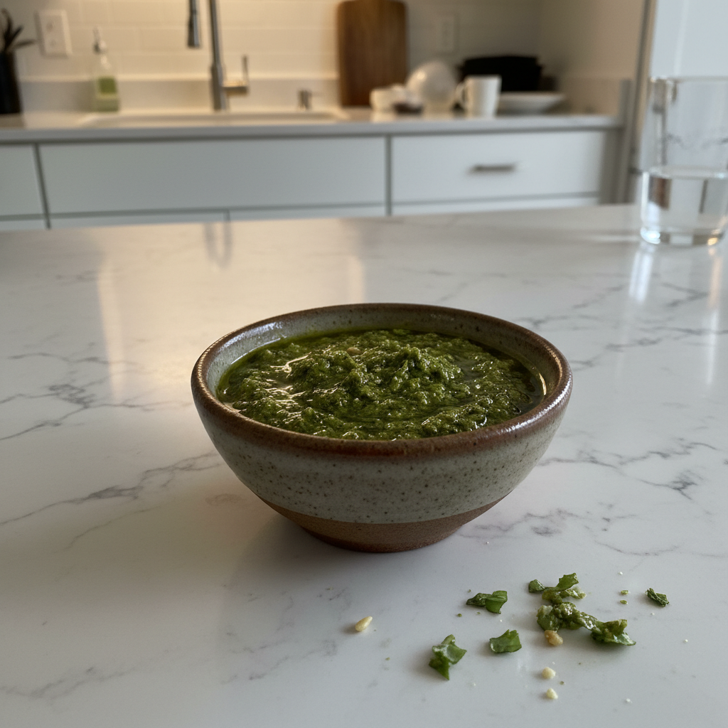 A vibrant green bowl of freshly made Vegan Basil Pesto garnished with pine nuts and fresh basil leaves.