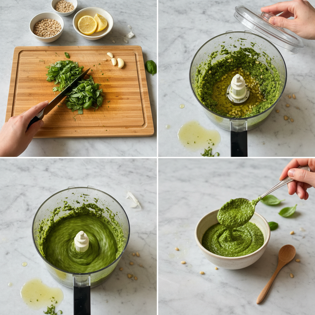 A food processor blending fresh basil, pine nuts, and garlic into a smooth, bright green Vegan Basil Pesto.