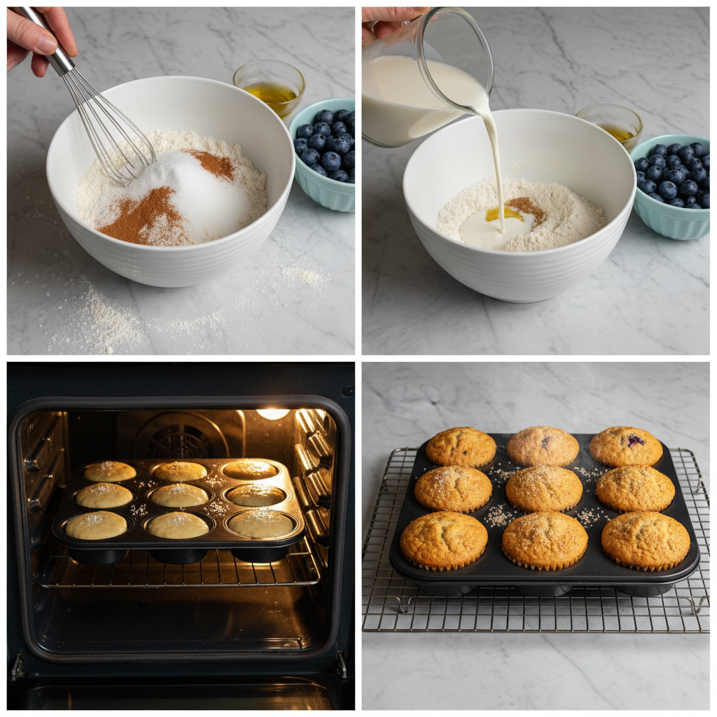 A hand gently folding fresh blueberries into the light, creamy batter for delicious vegan blueberry muffins in a mixing bowl.