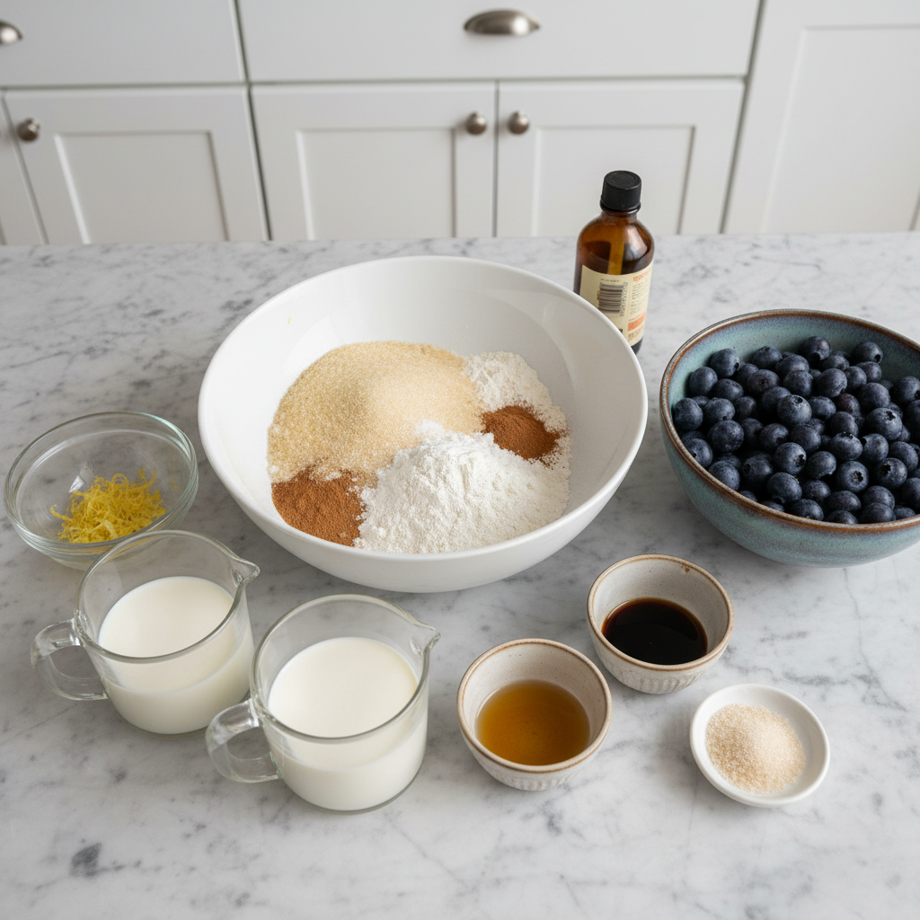 A flat lay showing fresh blueberries, flour, plant-based milk, sugar, and other dry ingredients for vegan blueberry muffins.