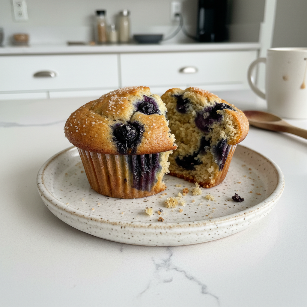 A close-up of golden-brown vegan blueberry muffins, some with bursting blueberries, fresh from the oven, cooling on a wire rack.