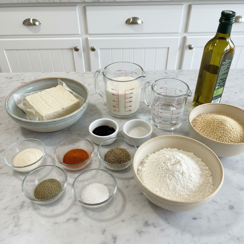 Fresh ingredients like chickpeas, breadcrumbs, and spices for vegan chicken nuggets on a wooden board.