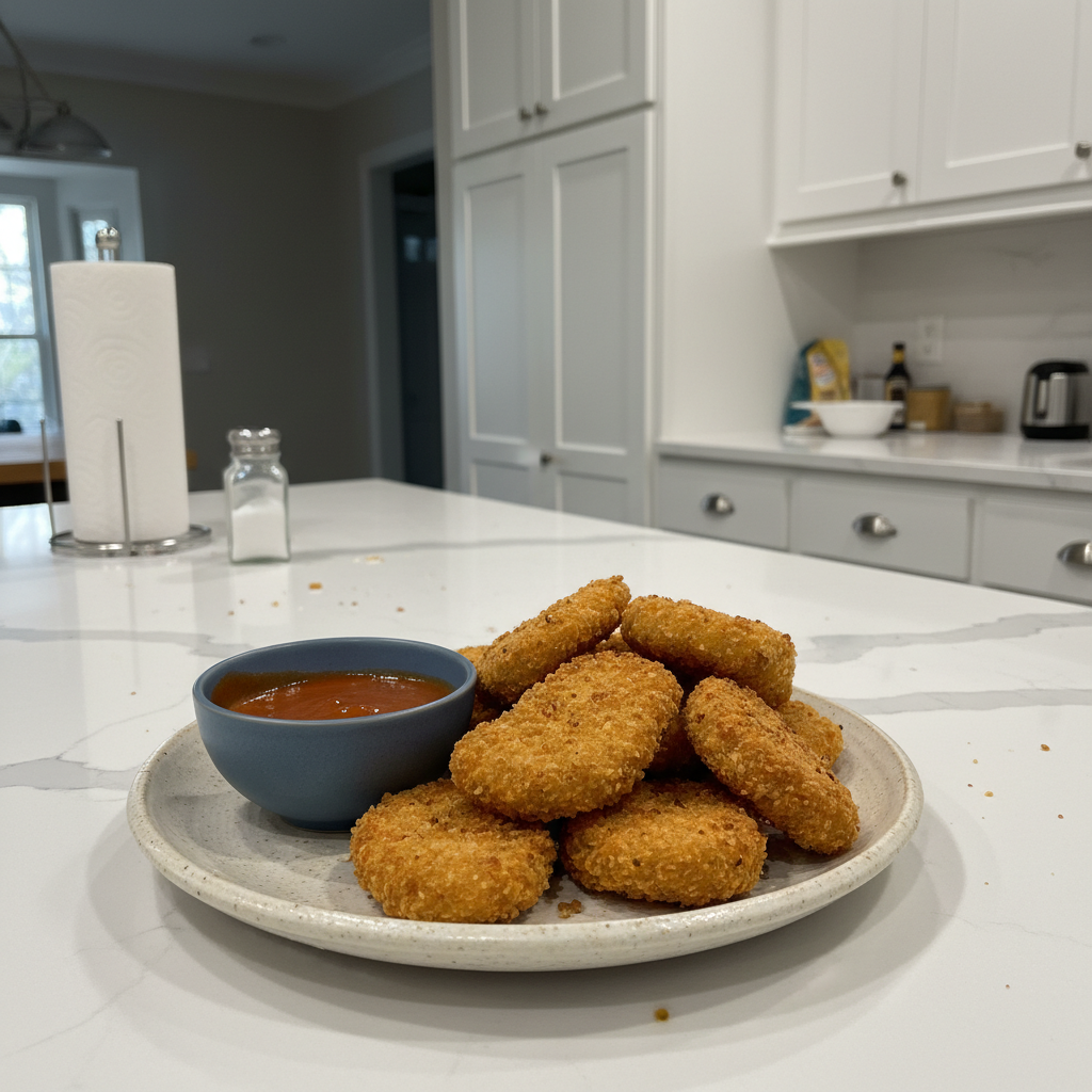 Crispy golden vegan chicken nuggets arranged on a plate with a side of dipping sauce.