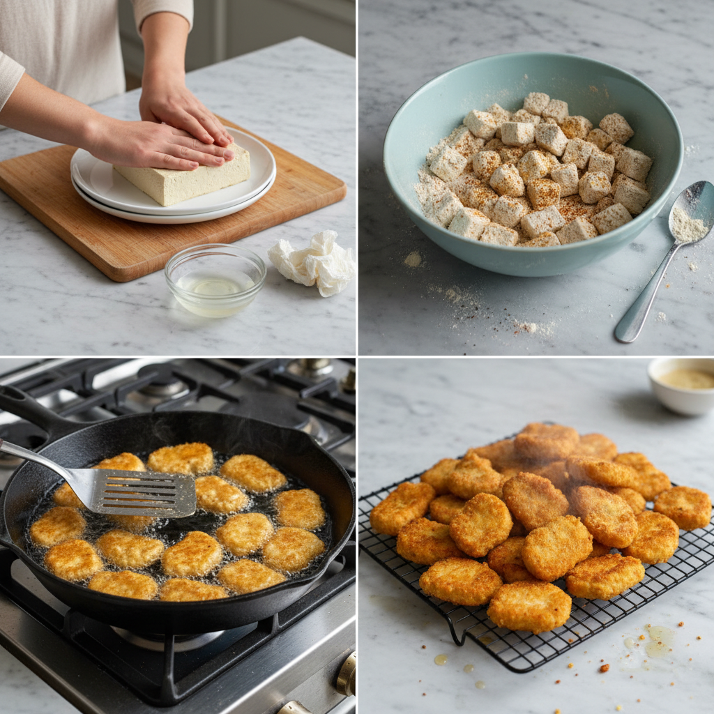 Hands shaping the mixture into small vegan chicken nuggets before baking or frying.