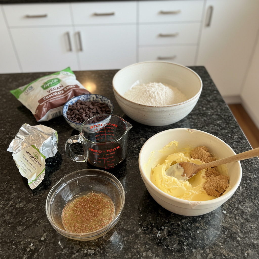 A flat lay of all necessary plant-based ingredients laid out for baking delicious Vegan Chocolate Chip Cookies.
