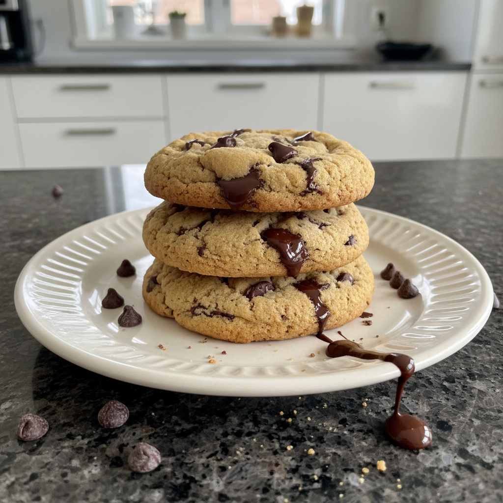 A stack of warm, gooey Vegan Chocolate Chip Cookies with a melty chocolate center, fresh from the oven.