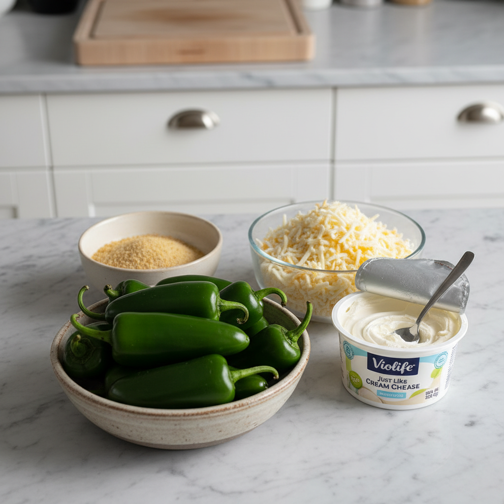A flat lay of fresh ingredients for vegan jalapeno poppers, including vibrant green jalapenos, plant-based cream cheese, and breadcrumbs.