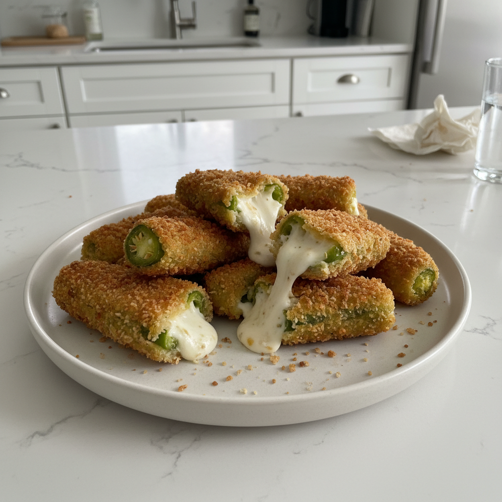A close-up of crispy, golden-brown vegan jalapeno poppers arranged on a platter, ready to be enjoyed.