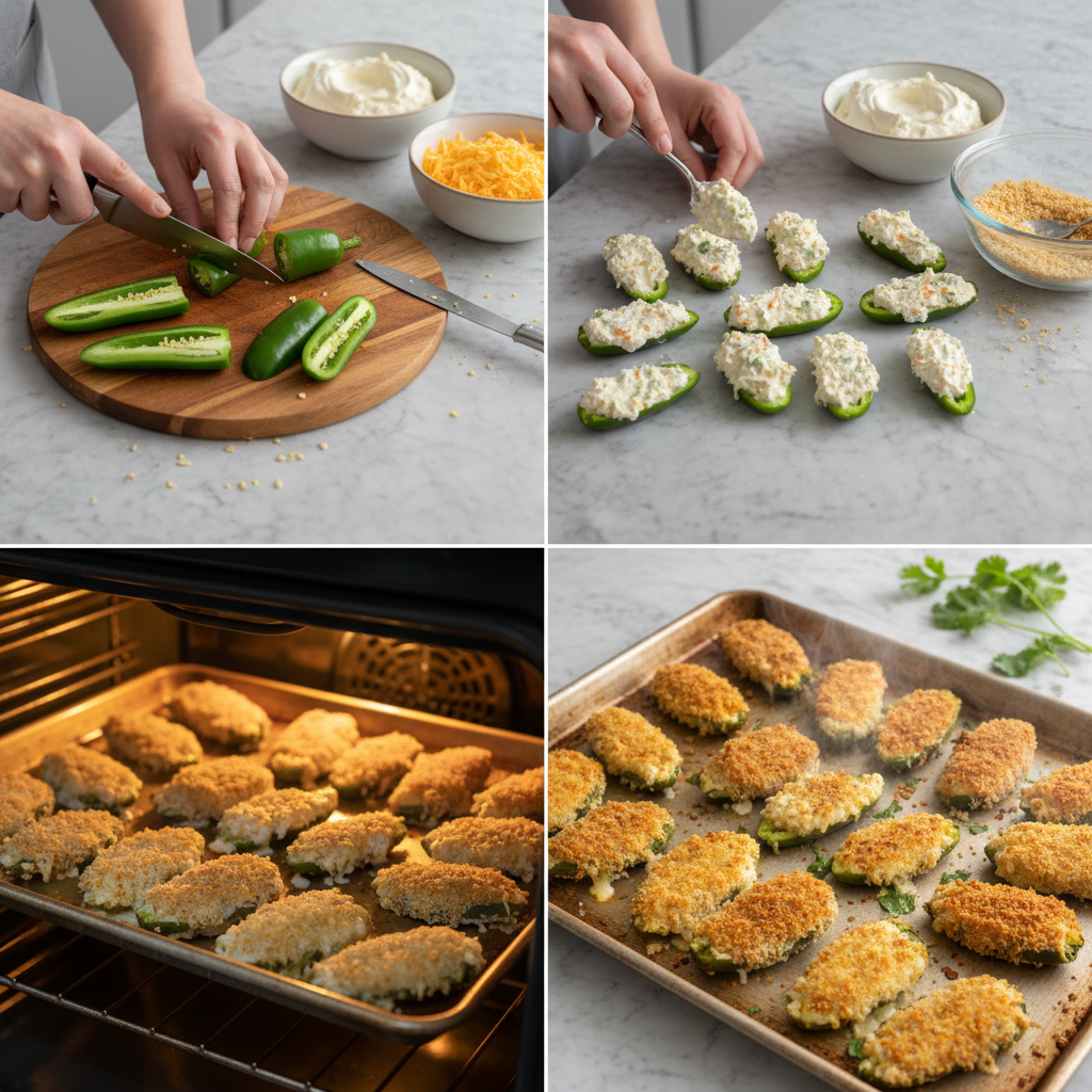 Hands carefully stuffing hollowed-out jalapeno halves with a rich, creamy plant-based cheese filling, a key step for vegan jalapeno poppers.