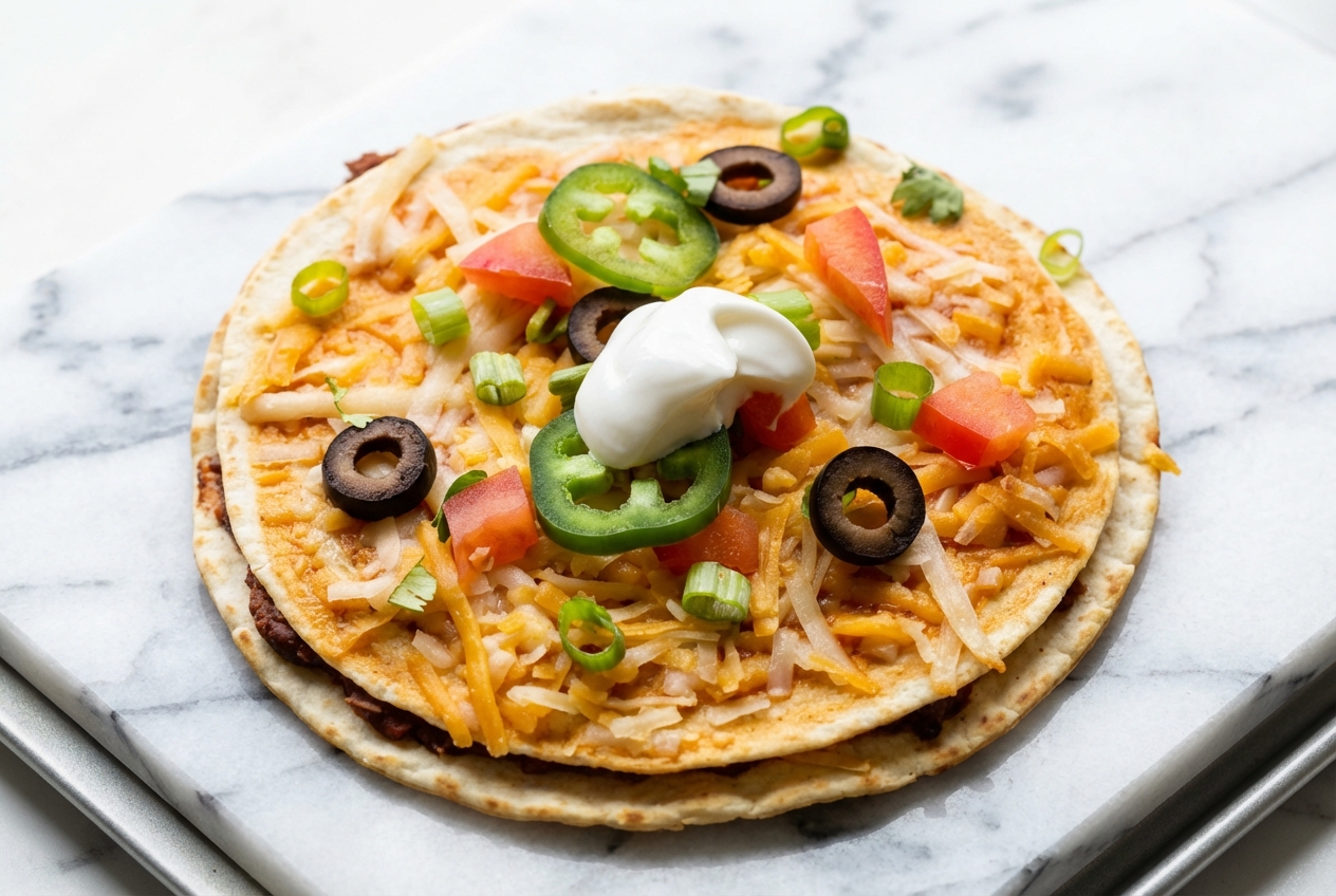 Vegan Mexican Pizza with a golden double-crisp umami shell on a white marble surface under natural window lighting.
