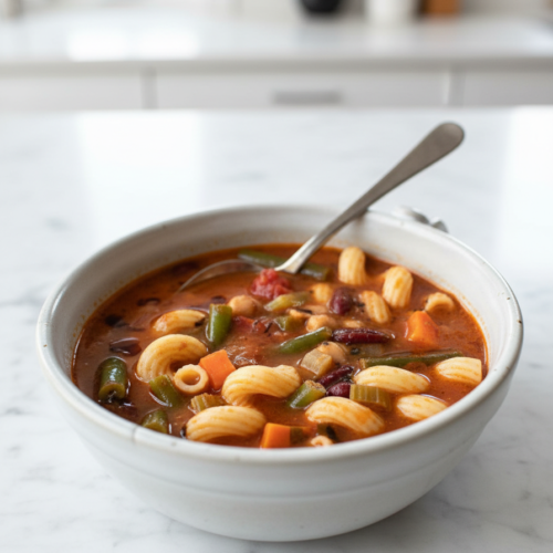Vegan Minestrone Soup in a minimalist ceramic bowl on white marble, finished with a rich Miso-Tamari Emulsion.