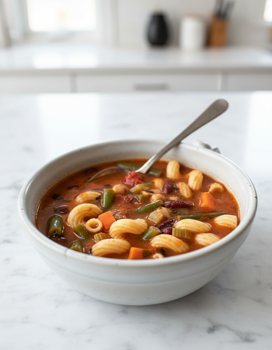 Vegan Minestrone Soup in a minimalist ceramic bowl on white marble, finished with a rich Miso-Tamari Emulsion.