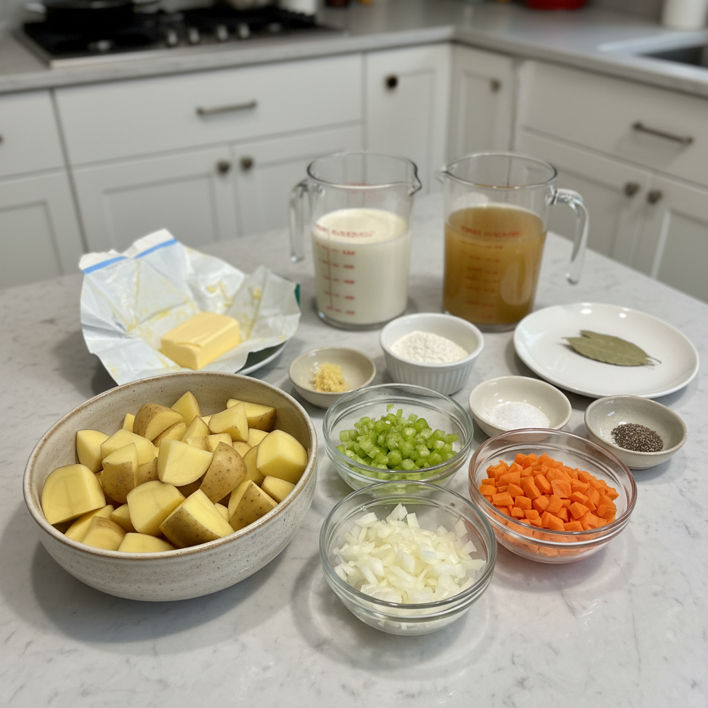 Fresh vegetables and plant-based milk laid out for vegan potato soup preparation.