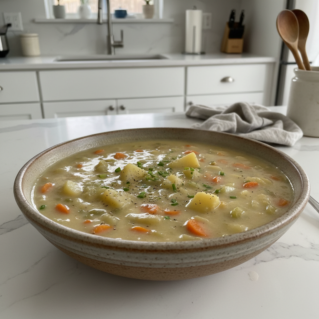 A creamy bowl of vegan potato soup garnished with fresh chives, ready to be enjoyed.