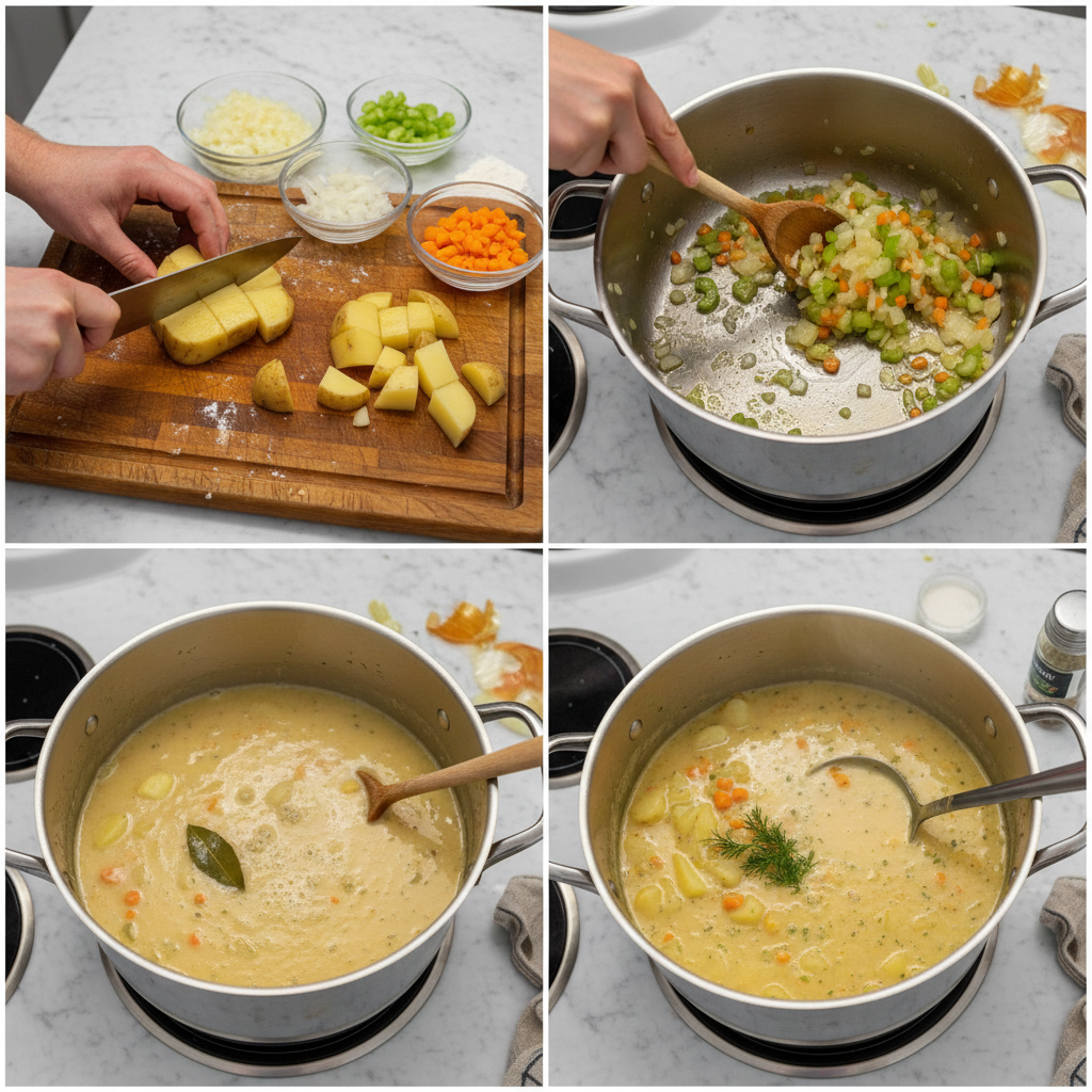 Diced potatoes simmering in a pot with broth, a key step for vegan potato soup.