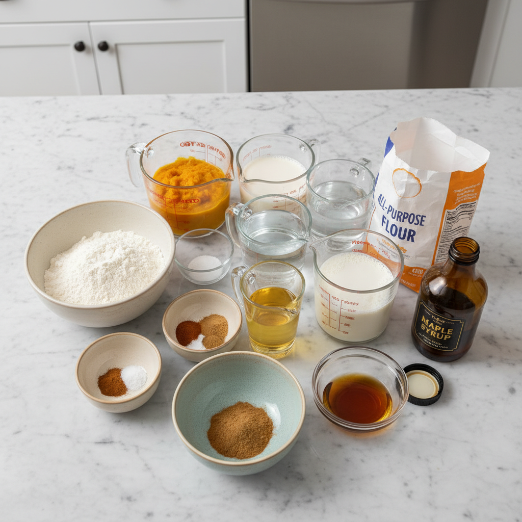 Essential ingredients for delicious Vegan Pumpkin Pancakes, including flour, pumpkin puree, spices, and plant milk, laid out on a counter.