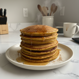 Fluffy Vegan Pumpkin Pancakes stacked high with a drizzle of maple syrup and a sprinkle of cinnamon, ready to enjoy.