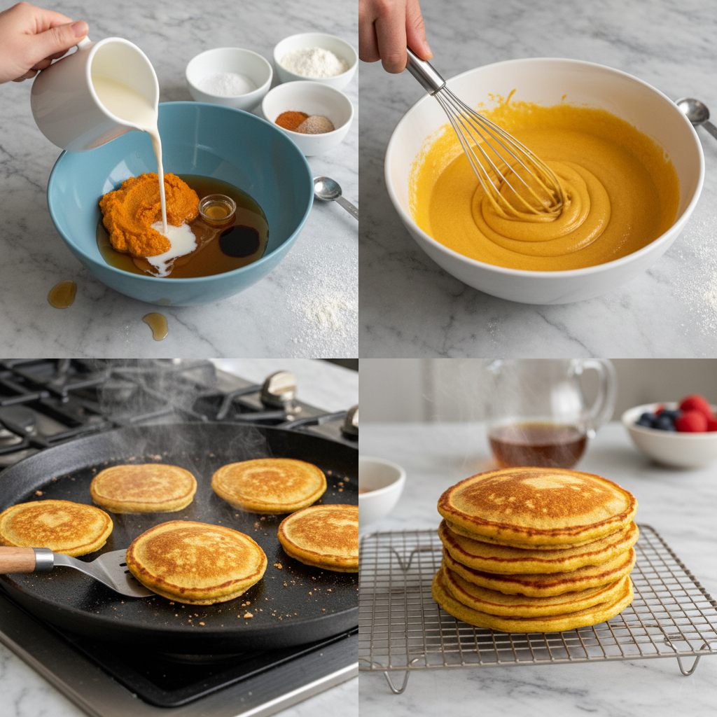 Vegan Pumpkin Pancakes batter being poured onto a hot griddle, sizzling gently as it begins to cook to golden perfection.