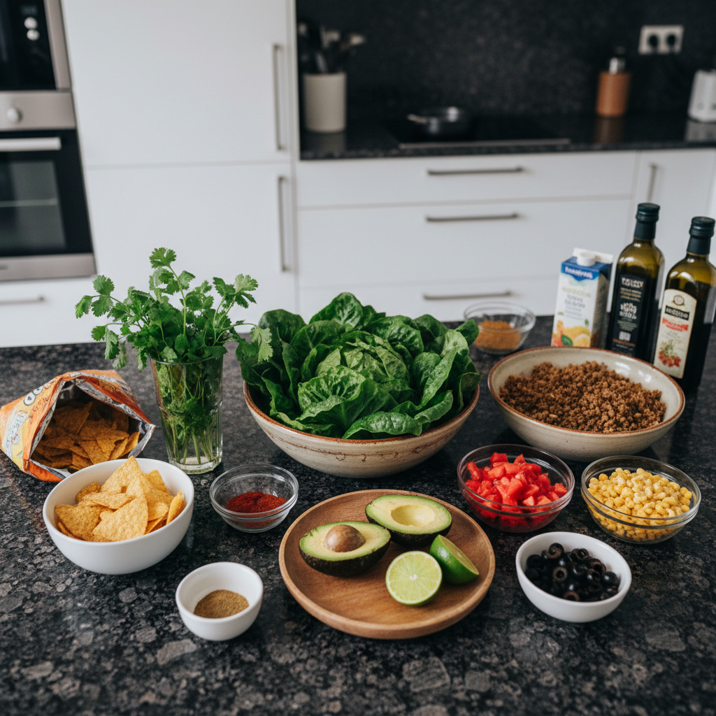 A collection of fresh, wholesome ingredients arranged for making a delicious Vegan Taco Salad.