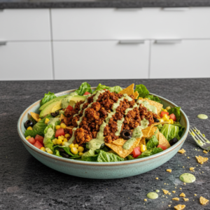 A vibrant, colorful bowl of Vegan Taco Salad with fresh greens, beans, corn, and creamy dressing.