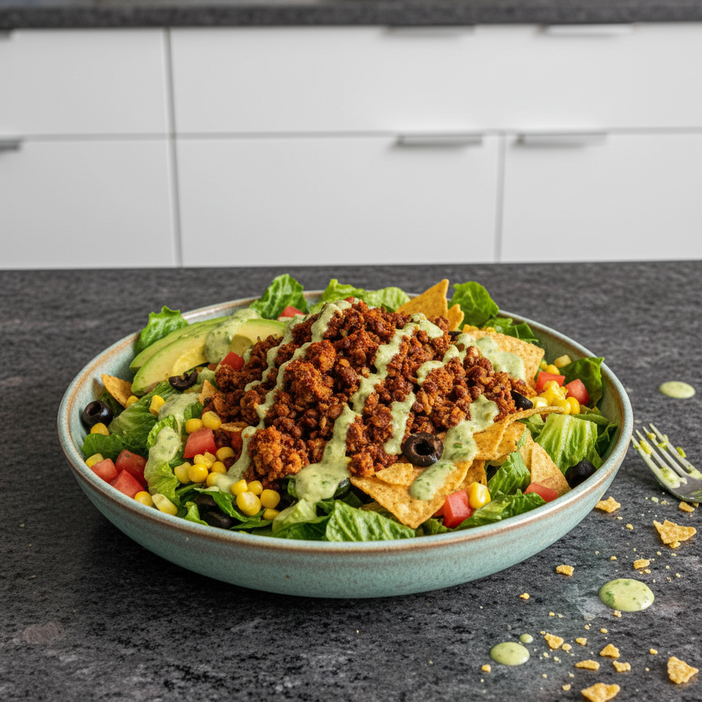 A vibrant, colorful bowl of Vegan Taco Salad with fresh greens, beans, corn, and creamy dressing.