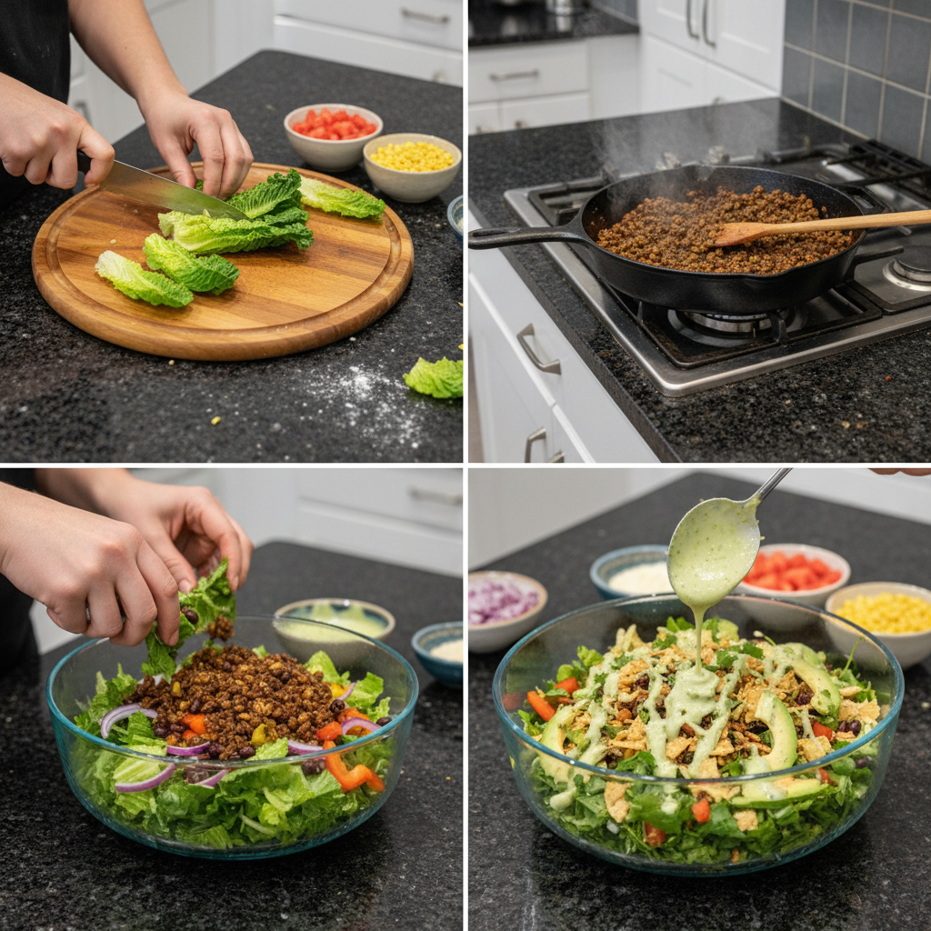 Hands preparing a fresh Vegan Taco Salad, mixing colorful vegetables and seasoned plant-based crumbles in a large bowl.