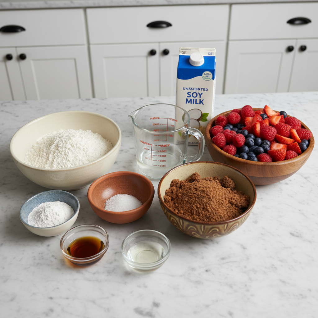 A colorful spread of plant-based ingredients like flour, plant milk, and fruit, ready for making vegan waffles.
