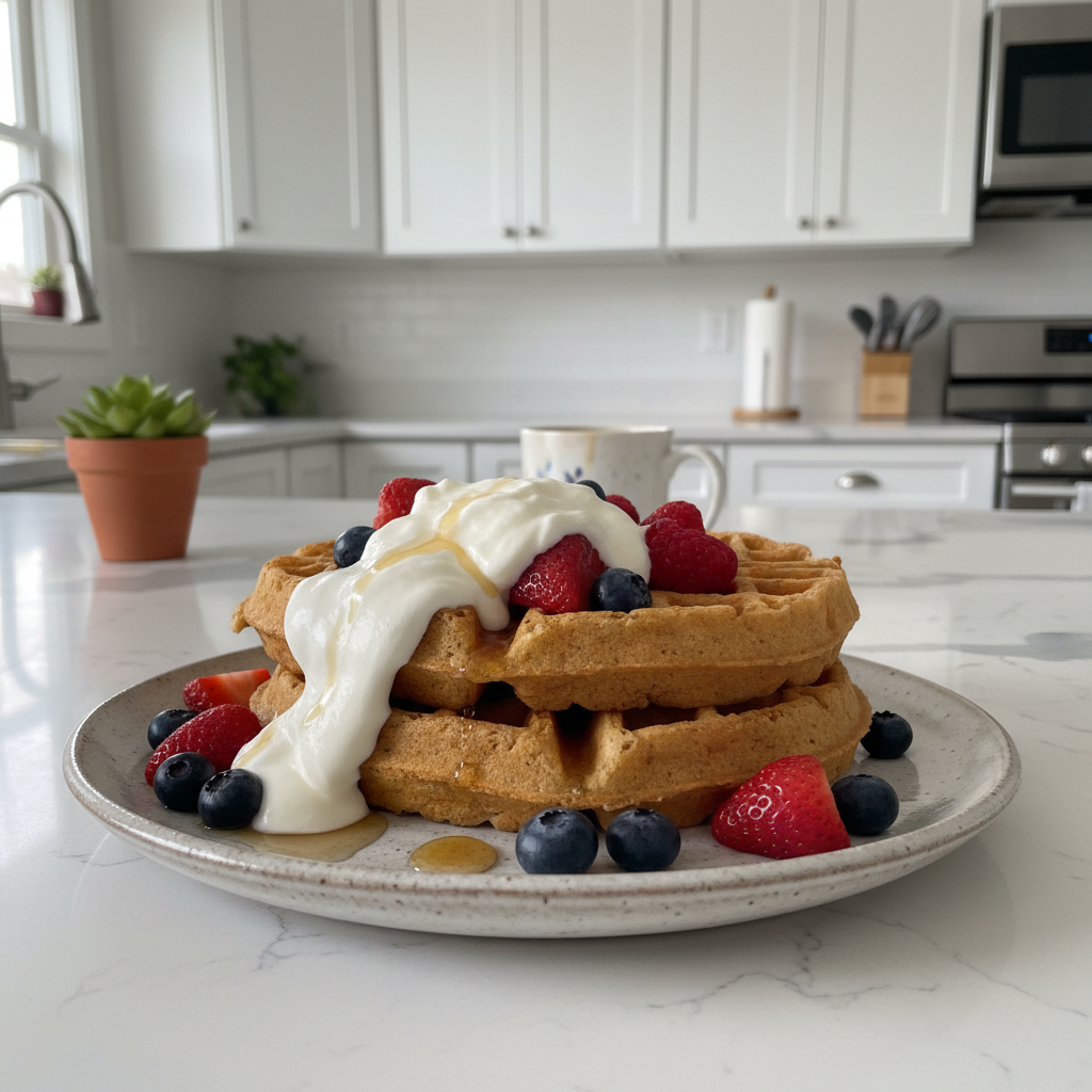 Fluffy golden brown vegan waffles stacked high with fresh berries and maple syrup, ready to enjoy.