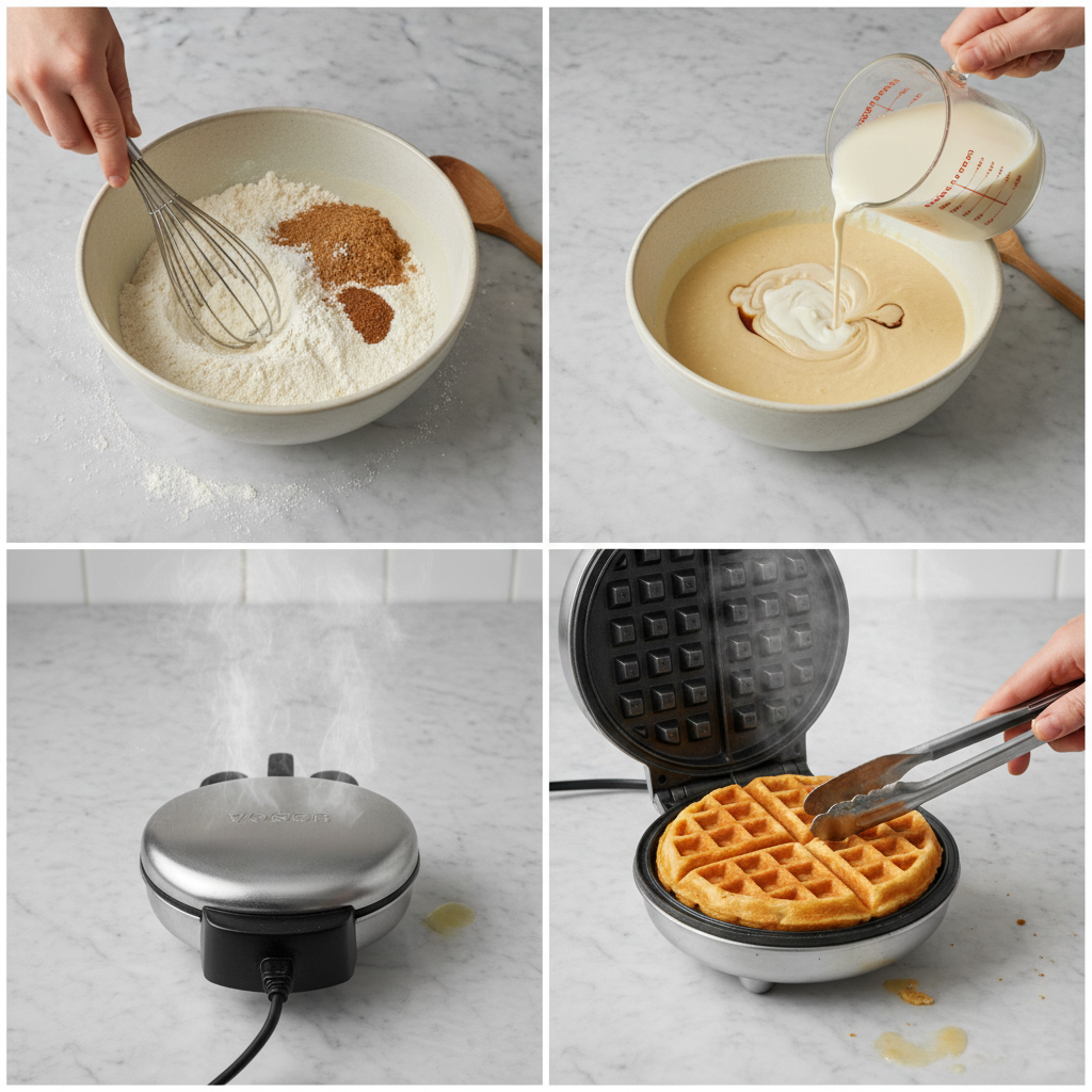 A person pouring smooth, creamy batter into a hot waffle iron, starting to cook delicious vegan waffles.