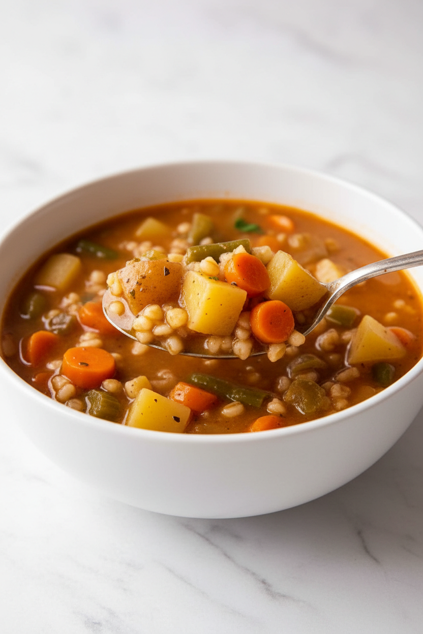 Close-up of tender pearl barley and mirepoix in a rich broth, showcasing the thick and comforting soup texture.