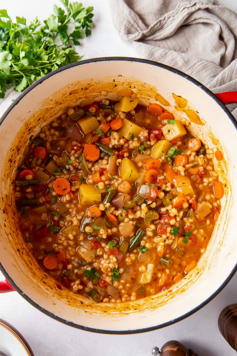 Hearty Vegetable Barley Soup in a minimalist ceramic bowl on a white marble surface with a dark balsamic umami finish.
