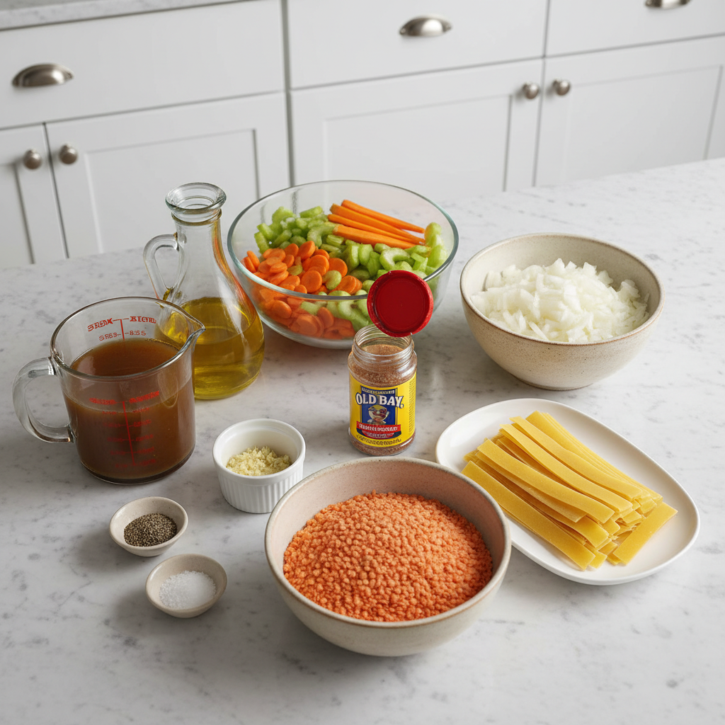 Fresh, colorful ingredients laid out for making a delicious vegetable noodle soup, including various chopped vegetables and noodles.